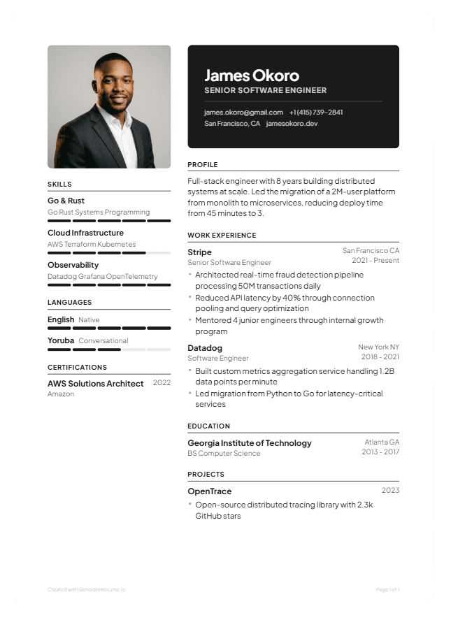 Bold resume example with colored header for marketing and design