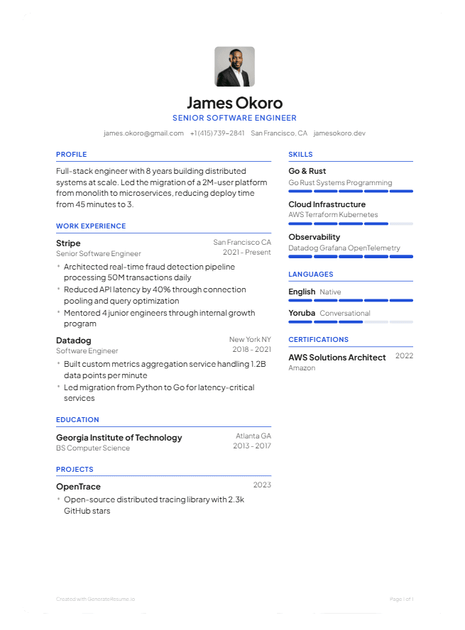 Classic resume example two-column for engineering and corporate roles