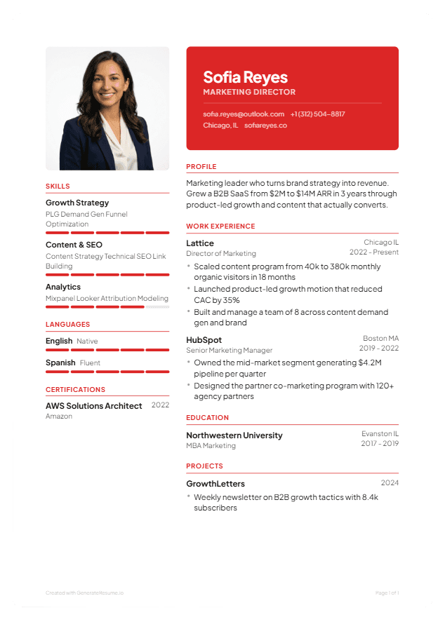 ChatGPT resume builder creative template with red accent
