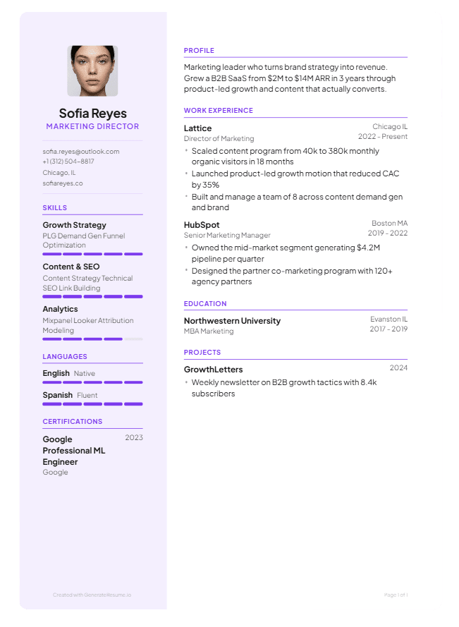 CV maker sidebar template with violet accent
