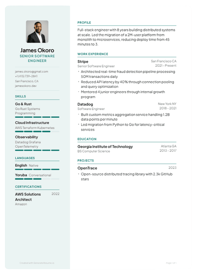 Modern resume format with sidebar and photo