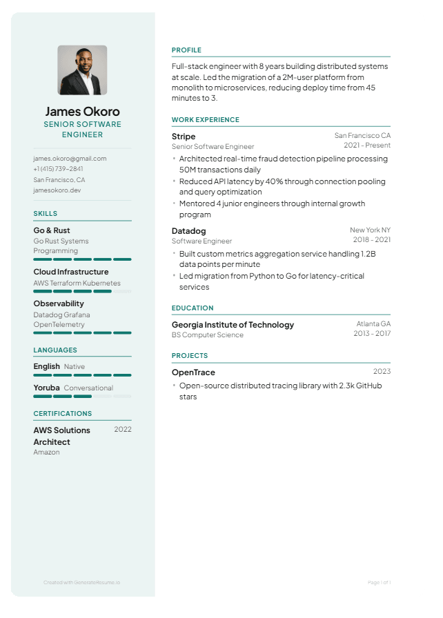 Modern sidebar resume example for tech and healthcare roles